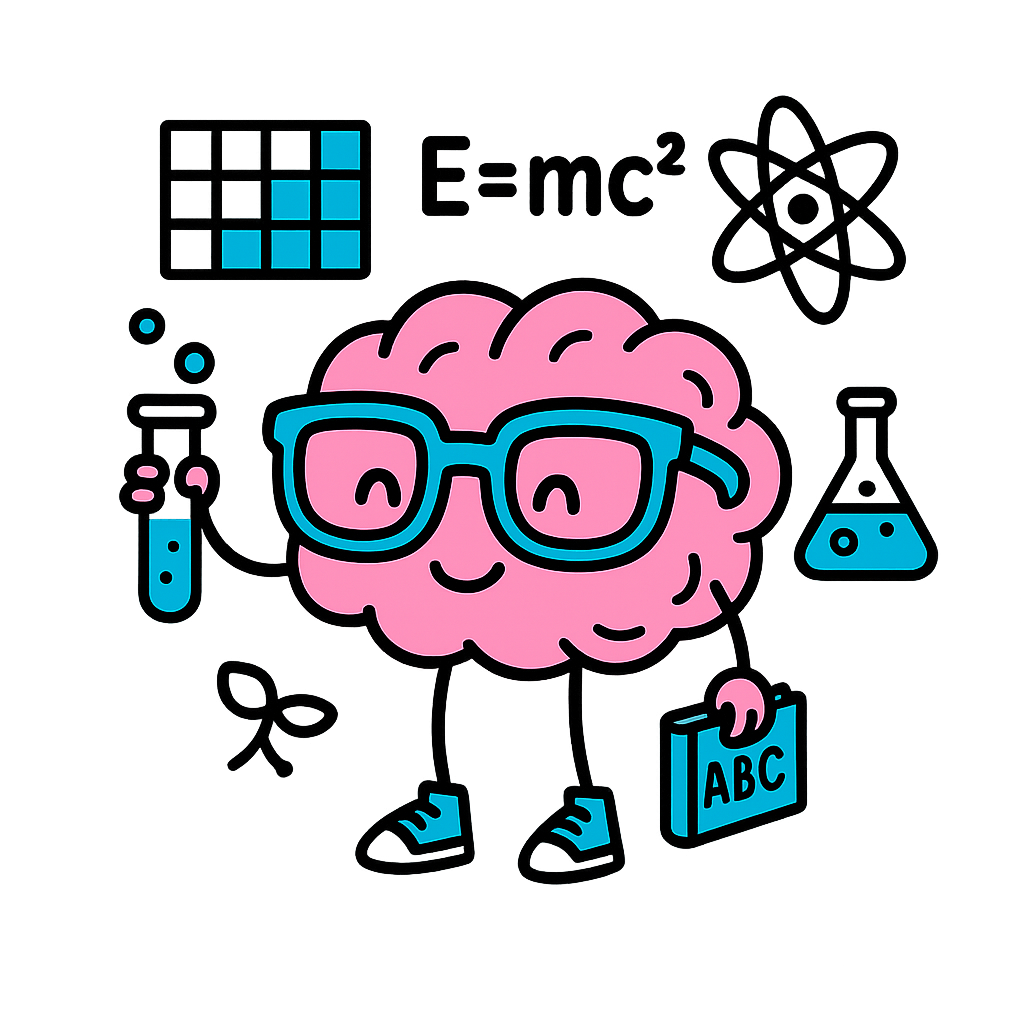 Cerebro con gafas, tubo de ensayo y matraz junto a átomo y E=mc² — Física y Química.