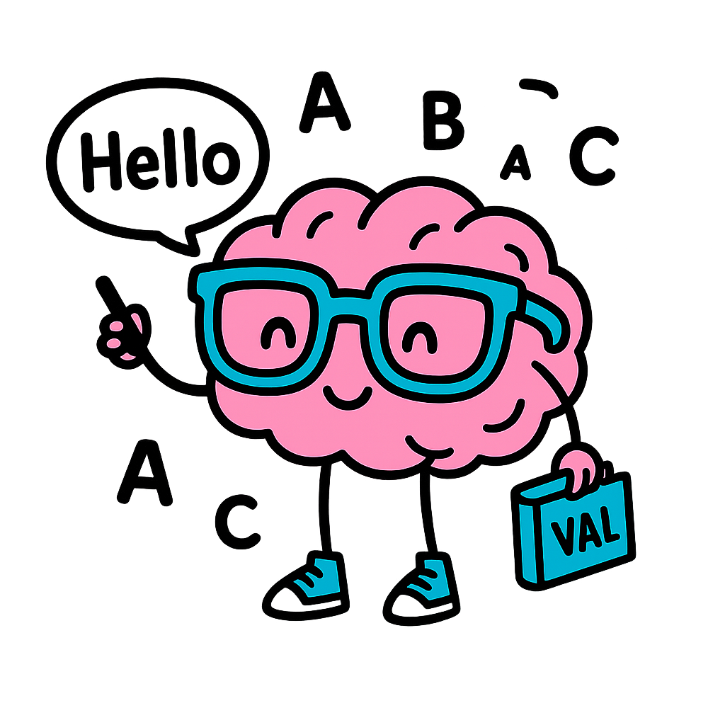 Cerebro con gafas diciendo “Hello” y libro “VAL”, categoría Inglés y Valenciano C1–C2.