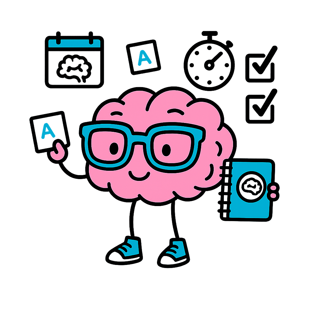 Cerebro con gafas, flashcards y planner con calendario y cronómetro — Técnicas de Estudio.